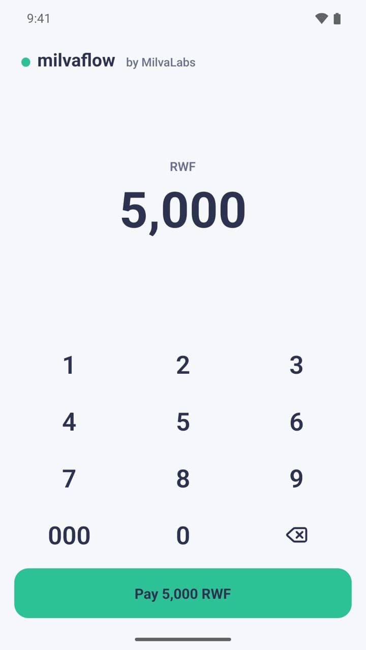 Milvaflow amount screen with a number pad and a Pay 5,000 RWF button